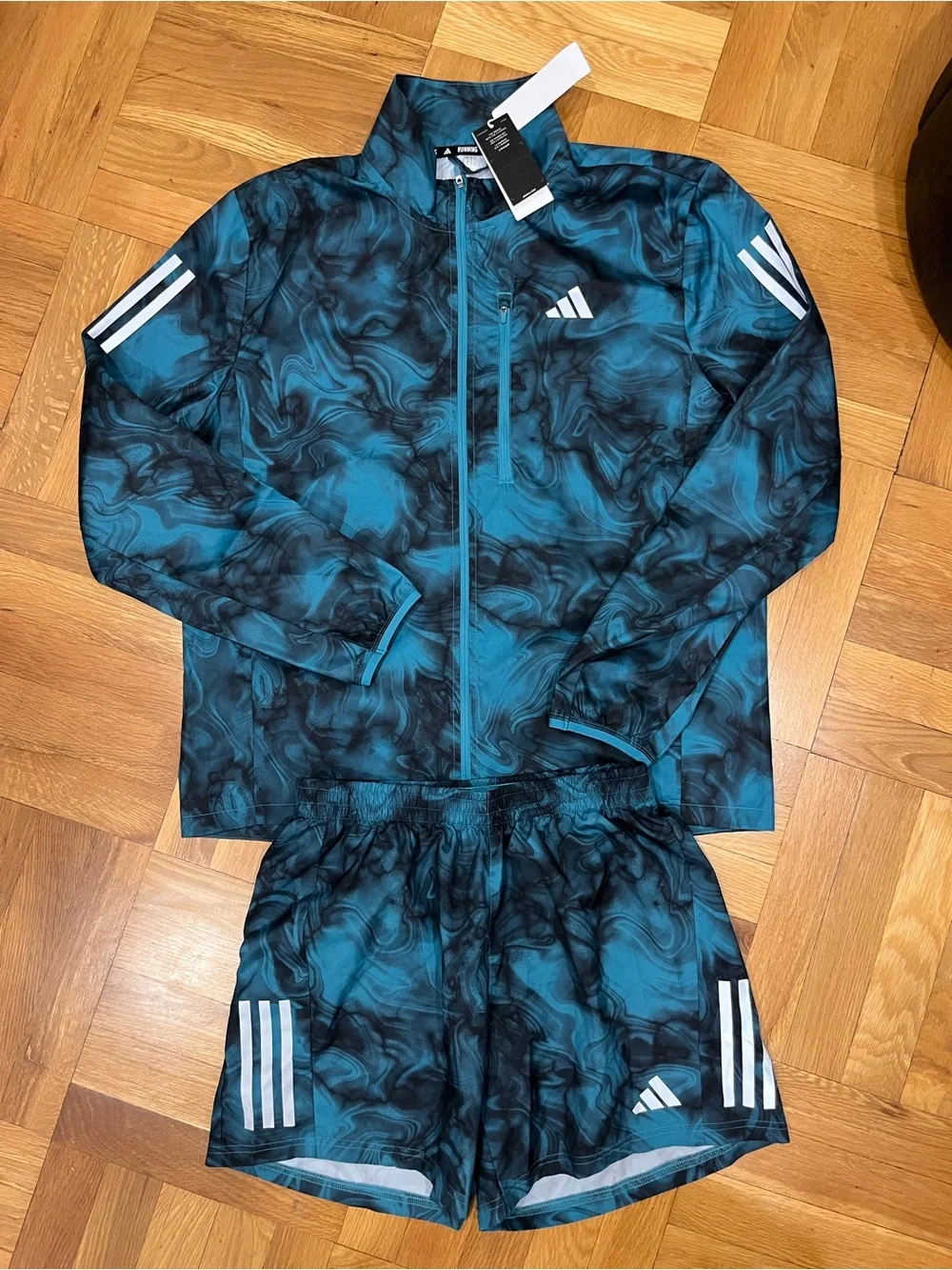 adidas Mens Teal Marble-Print Zip Jacket (L) & Shorts (M) Set